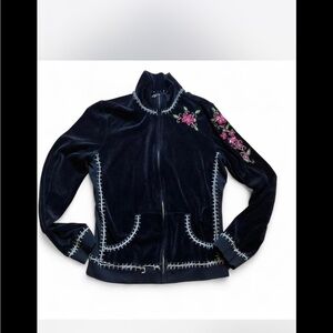 TWISTED‎ HEART Navy Bomber Jacket with Pink Floral Embroidery y2k